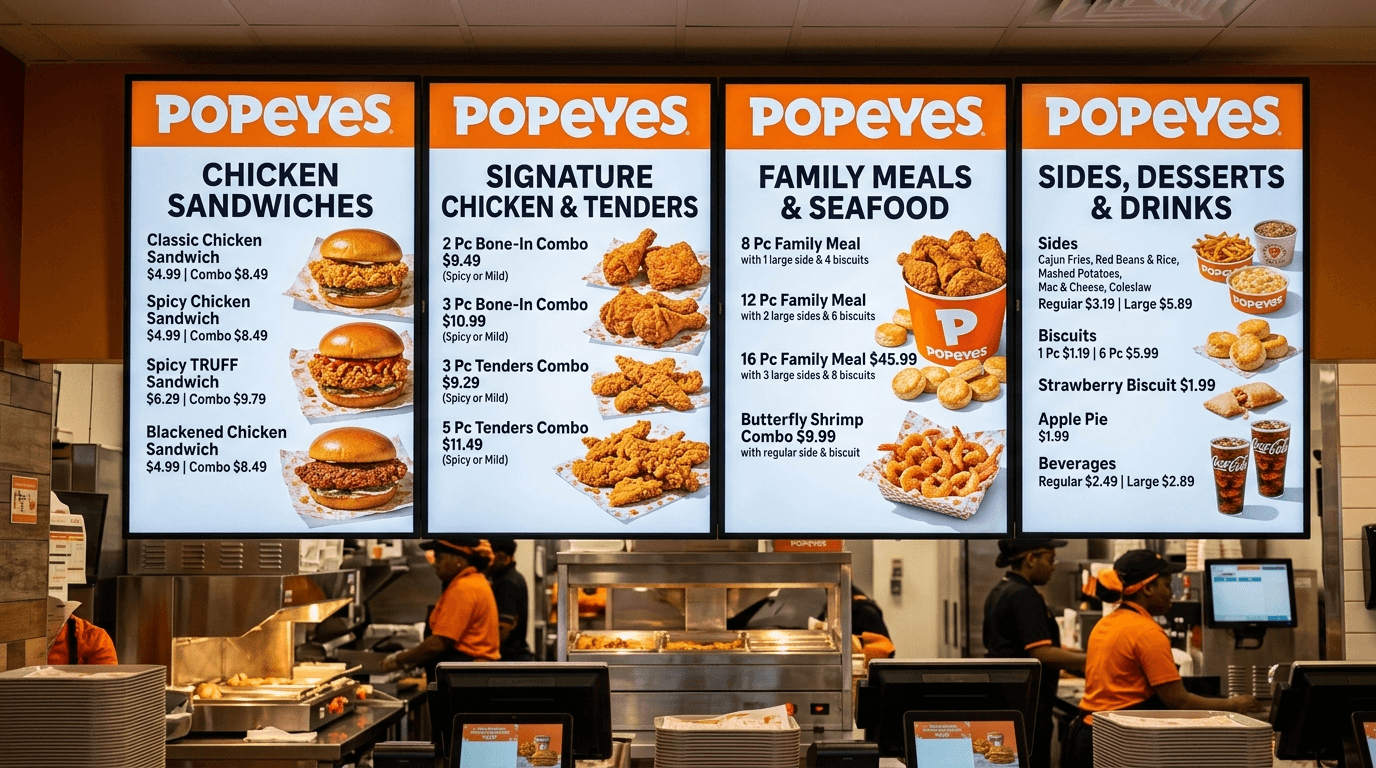 Alt Text: Popeyes menu with prices displayed on restaurant menu boards