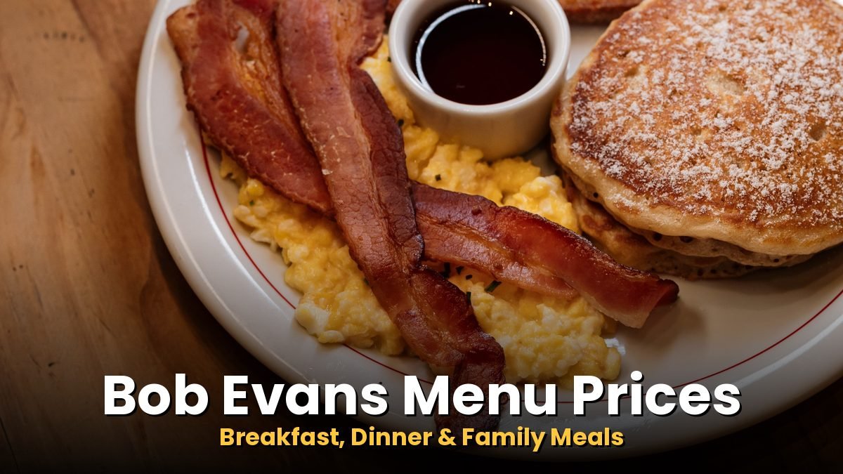 Breakfast plate with bacon, pancakes and eggs for Bob Evans menu prices guide