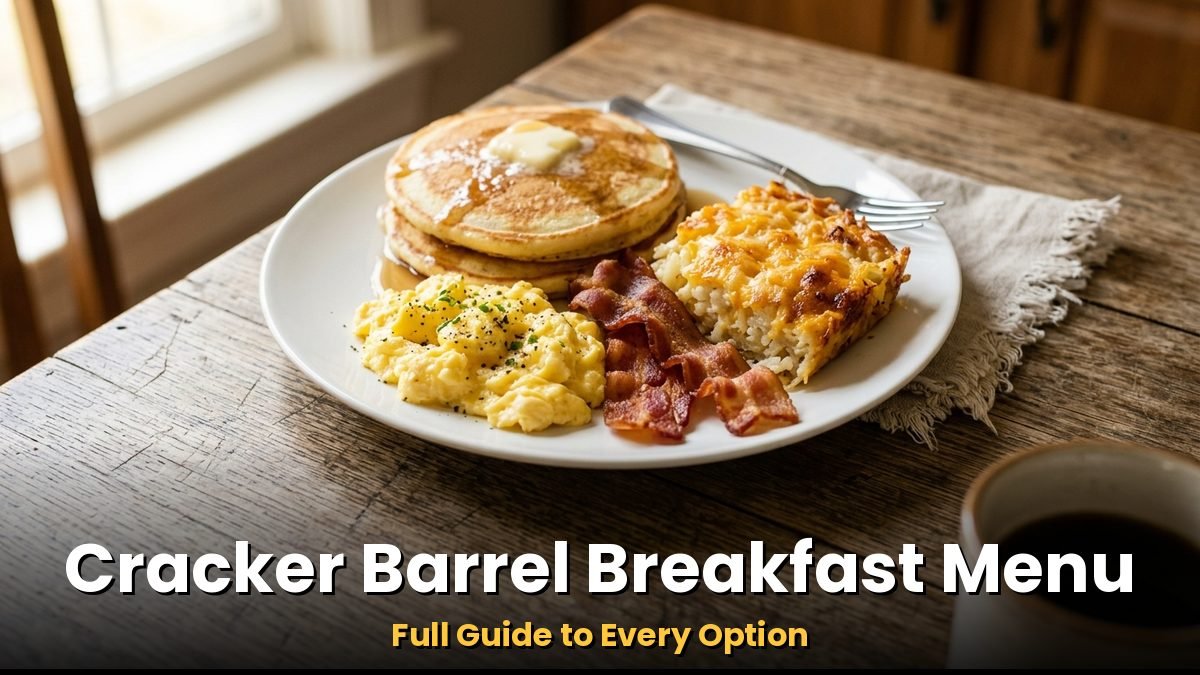 Southern breakfast plate with pancakes, eggs and bacon for Cracker Barrel breakfast menu guide