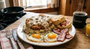 Country fried steak with gravy, eggs, bacon and biscuit, Cracker Barrel breakfast menu