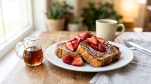 Golden French toast with strawberries and maple syrup, Cracker Barrel breakfast menu