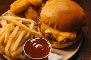 Culver's kids menu style burger meal with fries and chicken nuggets