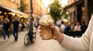 Hand holding an iced caramel coffee, popular first timer order at Dutch Bros