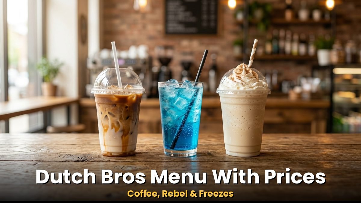 Iced coffee, blue energy drink and frozen drink for Dutch Bros menu with prices guide